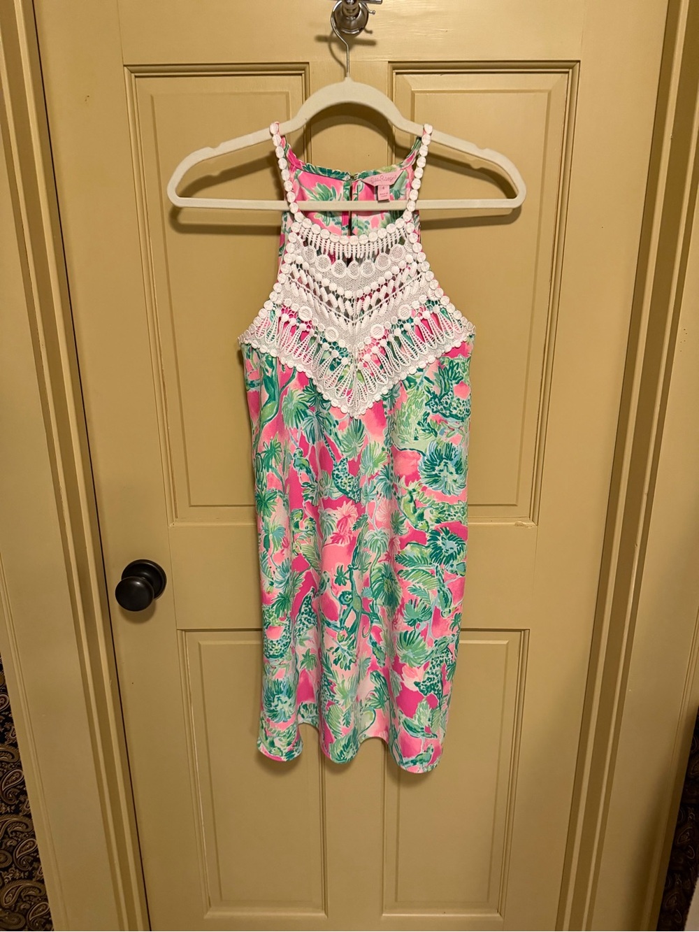 Lilly Pulitzer Pink and Green Floral Crochet-Trim Halter Dress